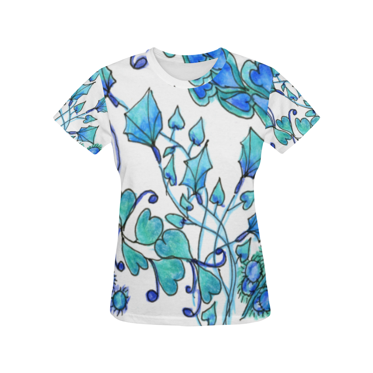 Aqua Hearts Kites Blue Balloons Garden Vines All Over Print T-Shirt for Women (USA Size) (Model T40)