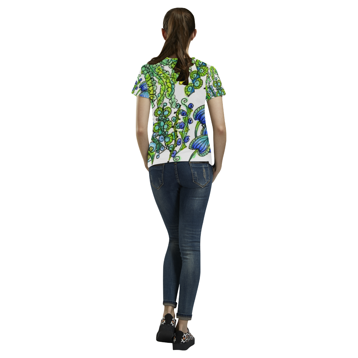Green Blue Dancing Vines Joyful Flower Garden All Over Print T-Shirt for Women (USA Size) (Model T40)