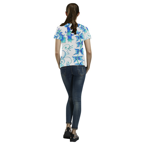 Dancing Aqua Blue Vines, Flowers Zendoodle Garden All Over Print T-Shirt for Women (USA Size) (Model T40)