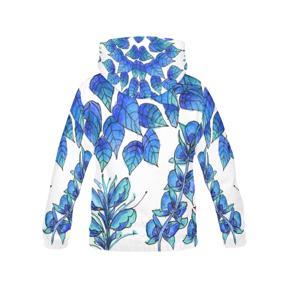 Pretty Blue Flowers, Aqua Garden Zendoodle All Over Print Hoodie for Women (USA Size) (Model H13)
