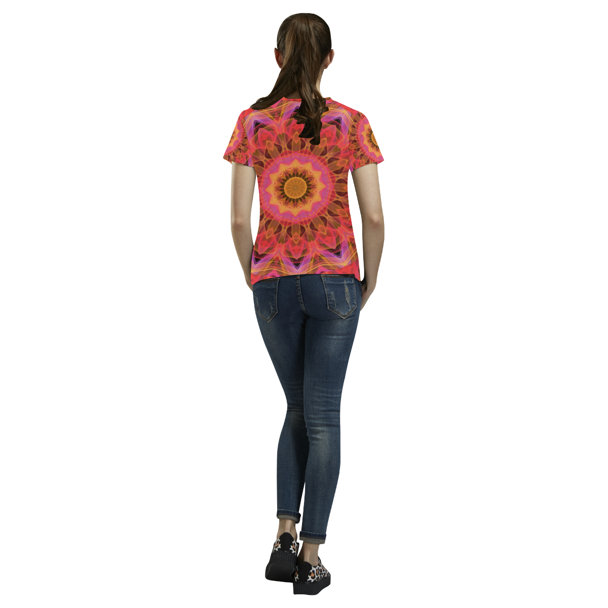 Abstract Peach Violet Mandala Ribbon Candy Lace All Over Print T-Shirt for Women (USA Size) (Model T40)