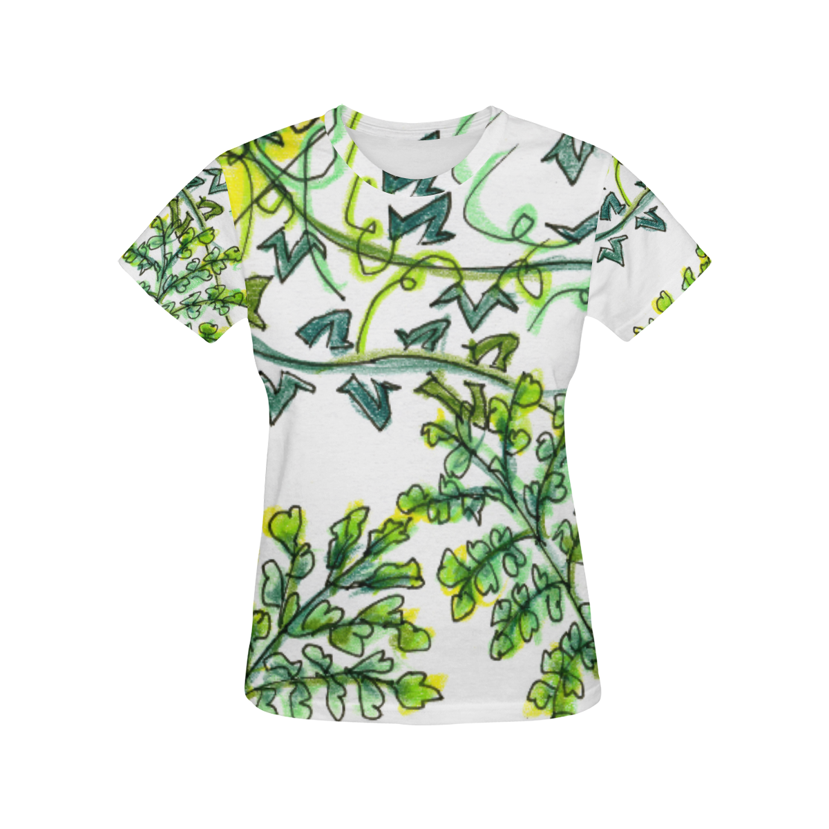 Golden Crown Green Vines Dancing in Wind Garden All Over Print T-Shirt for Women (USA Size) (Model T40)