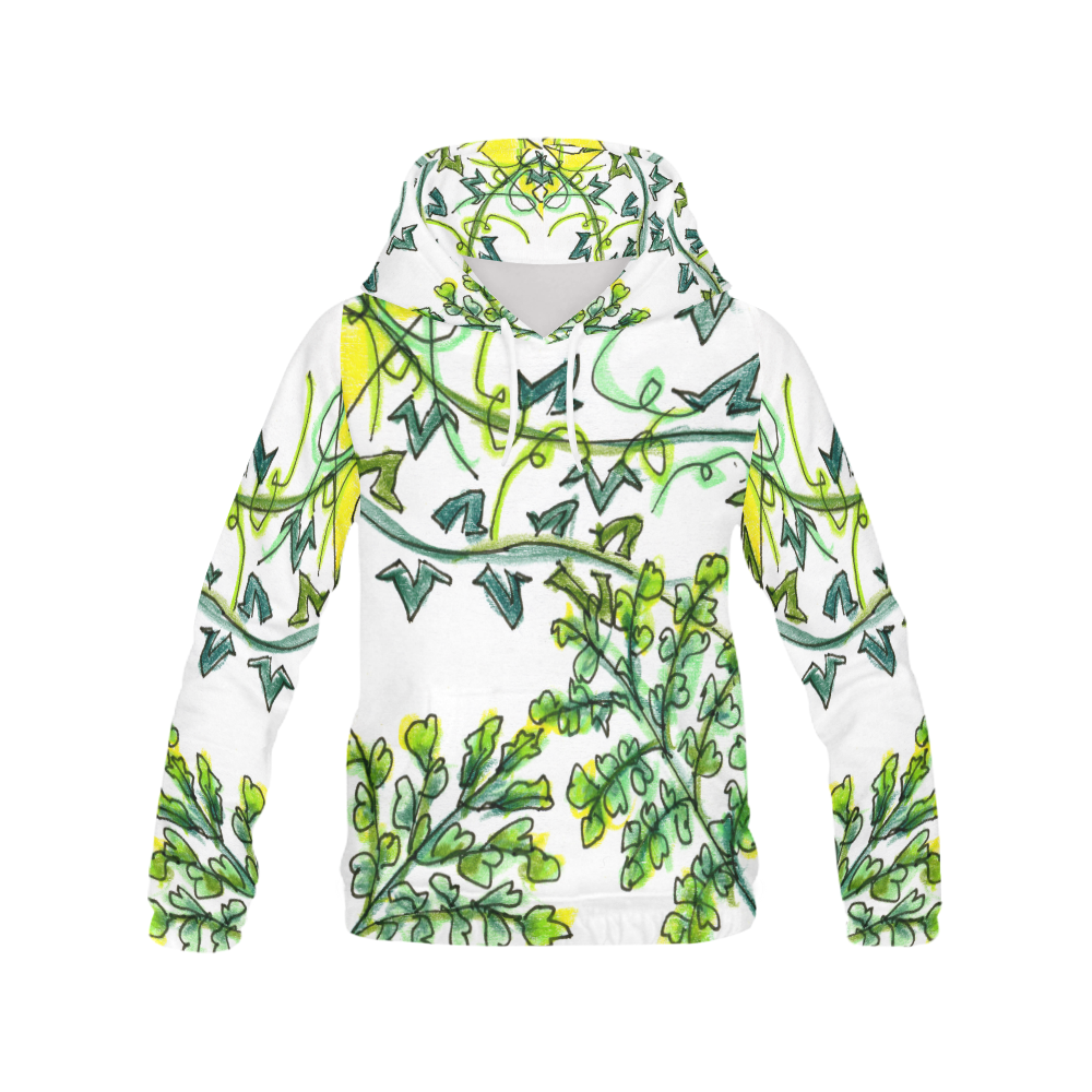 Golden Crown Green Vines Dancing in Wind Garden All Over Print Hoodie for Women (USA Size) (Model H13)