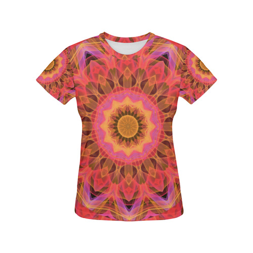Abstract Peach Violet Mandala Ribbon Candy Lace All Over Print T-Shirt for Women (USA Size) (Model T40)