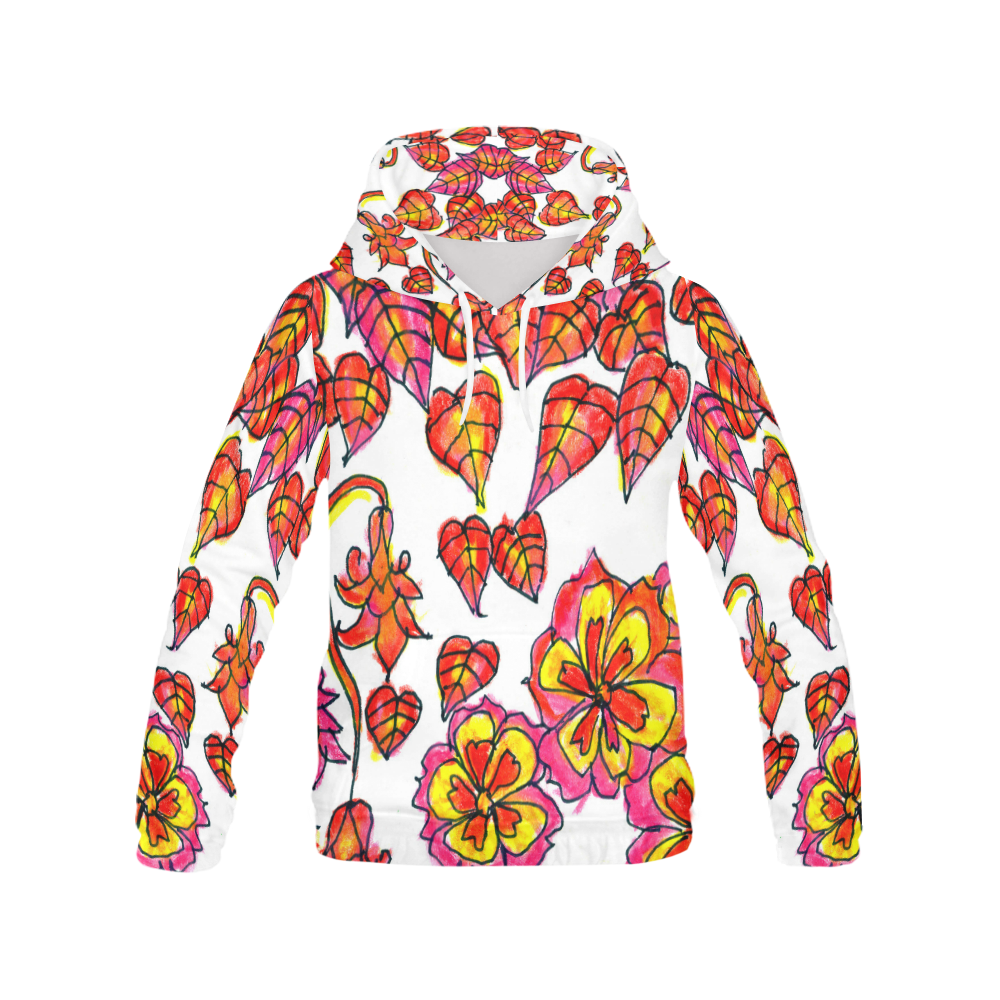 Autumn Leaves, Flowers, Red Orange Gold Zendoodle All Over Print Hoodie for Women (USA Size) (Model H13)