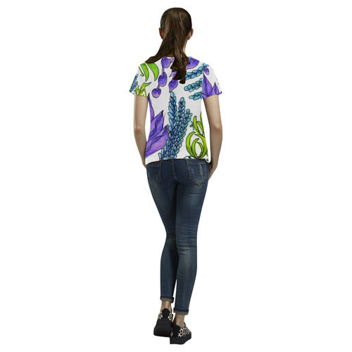Purple Green Blue Flower Garden, Dancing Zendoodle All Over Print T-Shirt for Women (USA Size) (Model T40)