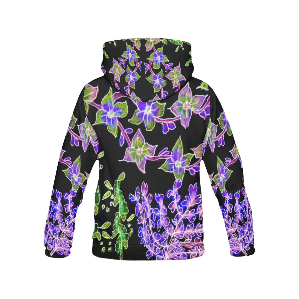 Psychedelic Purple Green Dancing Flowers Glow All Over Print Hoodie for Women (USA Size) (Model H13)