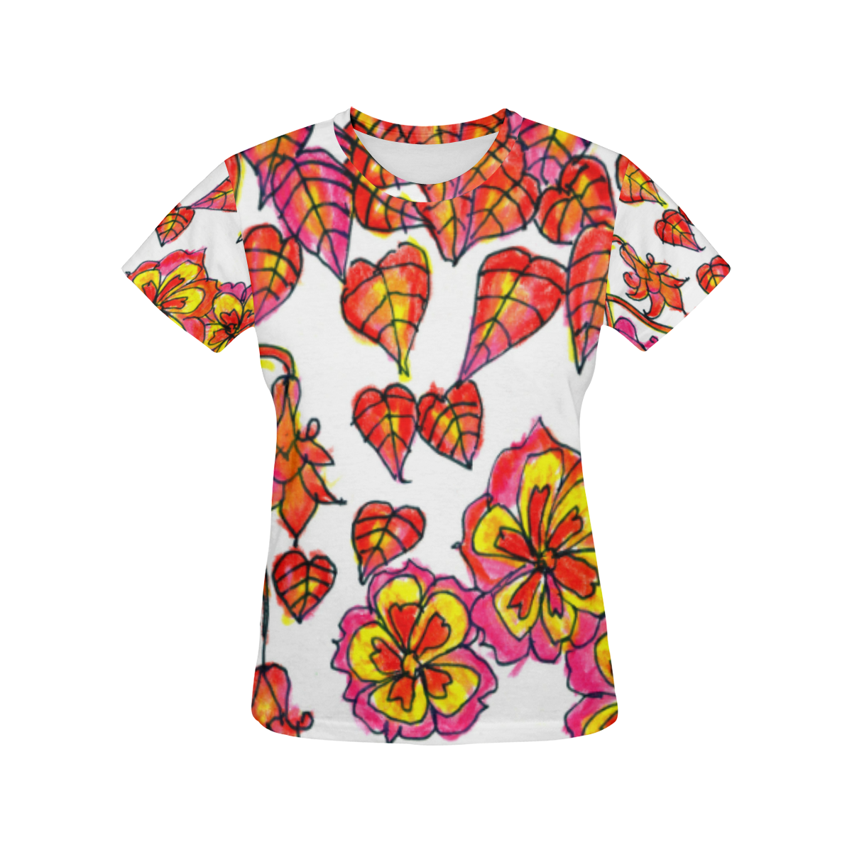 Autumn Leaves, Flowers, Red Orange Gold Zendoodle All Over Print T-Shirt for Women (USA Size) (Model T40)