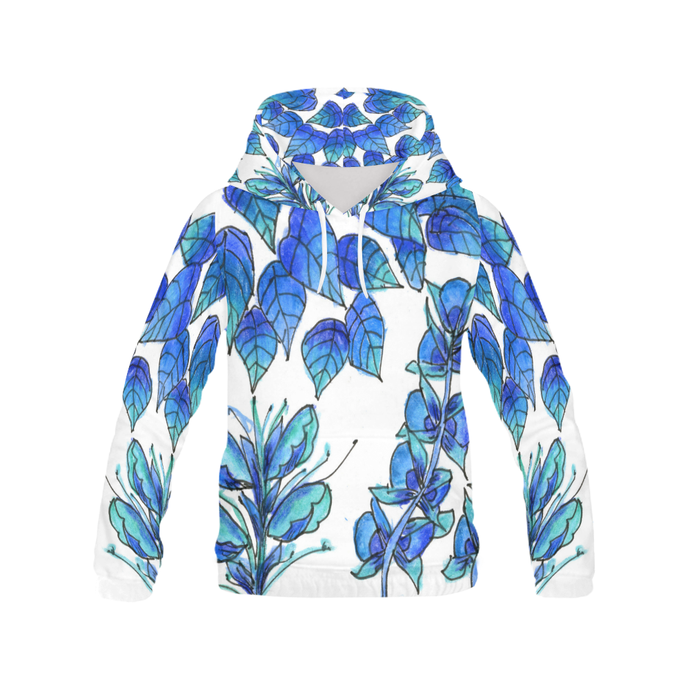 Pretty Blue Flowers, Aqua Garden Zendoodle All Over Print Hoodie for Women (USA Size) (Model H13)