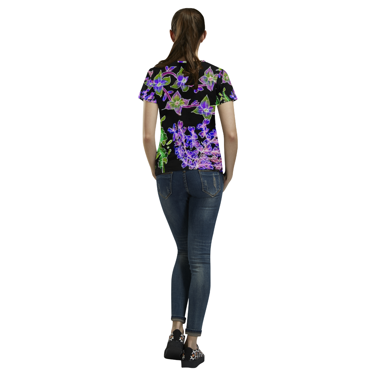 Psychedelic Purple Green Dancing Flowers Glow All Over Print T-Shirt for Women (USA Size) (Model T40)