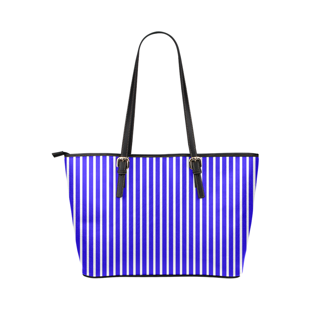 Blue White Candy Striped Leather Tote Bag/Large (Model 1651)