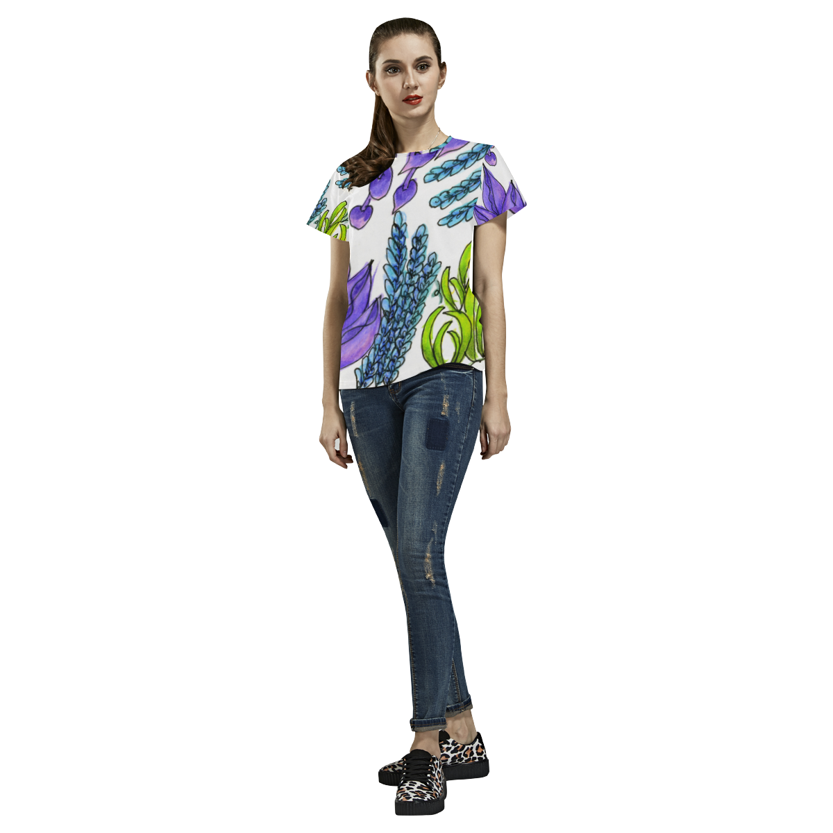 Purple Green Blue Flower Garden, Dancing Zendoodle All Over Print T-Shirt for Women (USA Size) (Model T40)