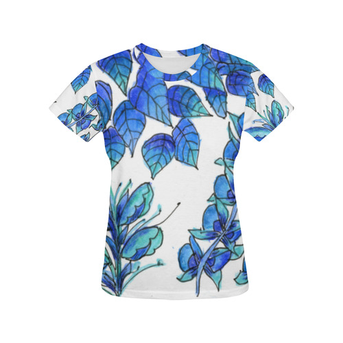 Pretty Blue Flowers, Aqua Garden Zendoodle All Over Print T-Shirt for Women (USA Size) (Model T40)