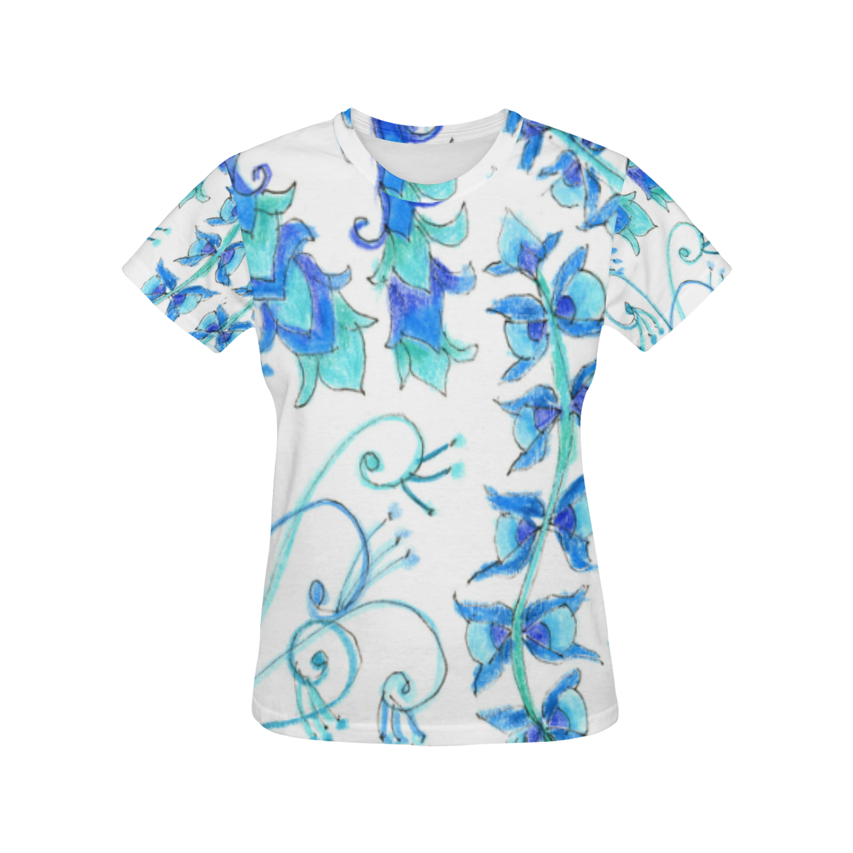 Dancing Aqua Blue Vines, Flowers Zendoodle Garden All Over Print T-Shirt for Women (USA Size) (Model T40)