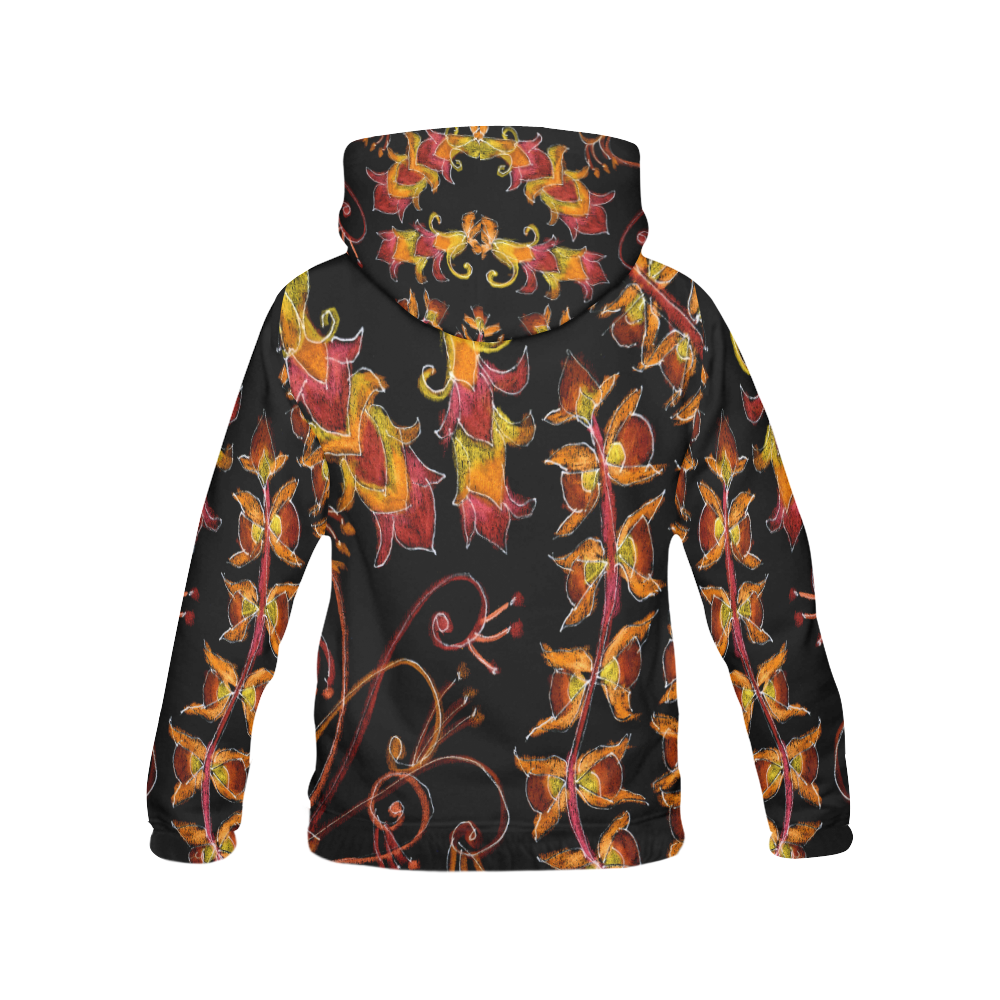 Psychadelic Orange Red Gold Glow Zendoodle Garden All Over Print Hoodie for Women (USA Size) (Model H13)