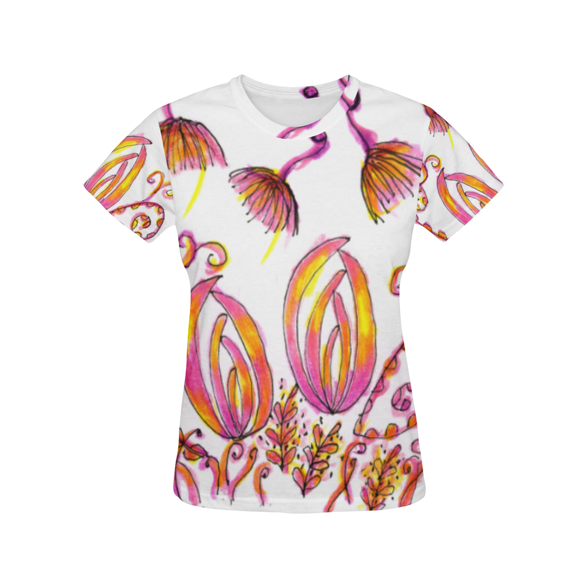 Pink Yellow Fairy Bells Secret Flower Nest Garden All Over Print T-Shirt for Women (USA Size) (Model T40)