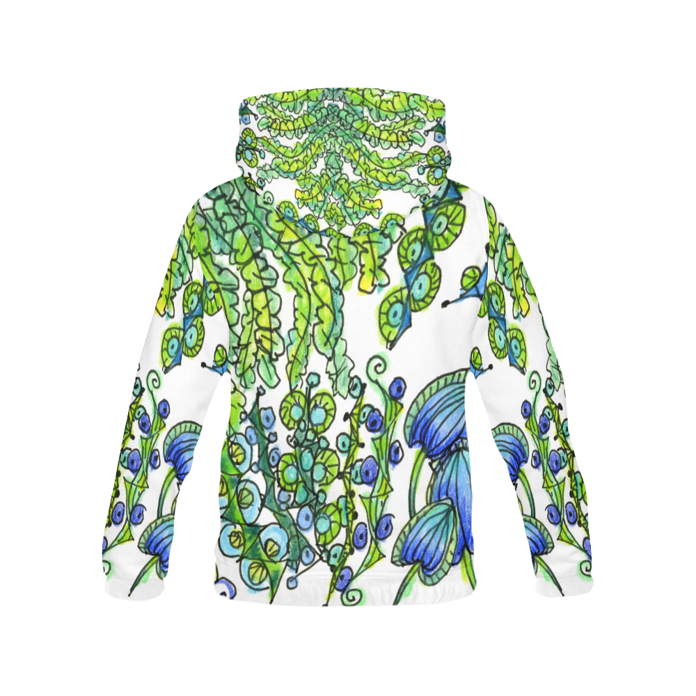 Green Blue Dancing Vines Joyful Flower Garden All Over Print Hoodie for Women (USA Size) (Model H13)
