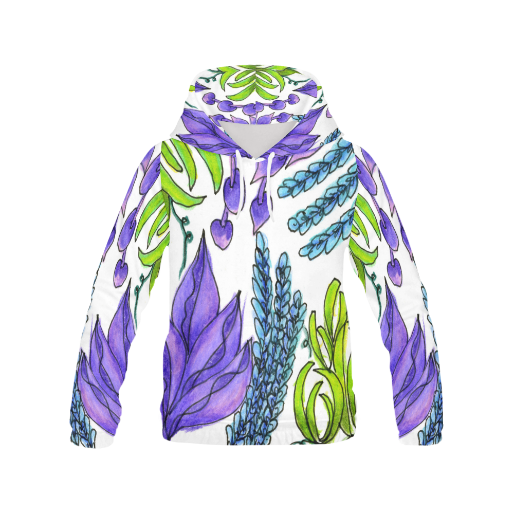 Purple Green Blue Flower Garden, Dancing Zendoodle All Over Print Hoodie for Women (USA Size) (Model H13)