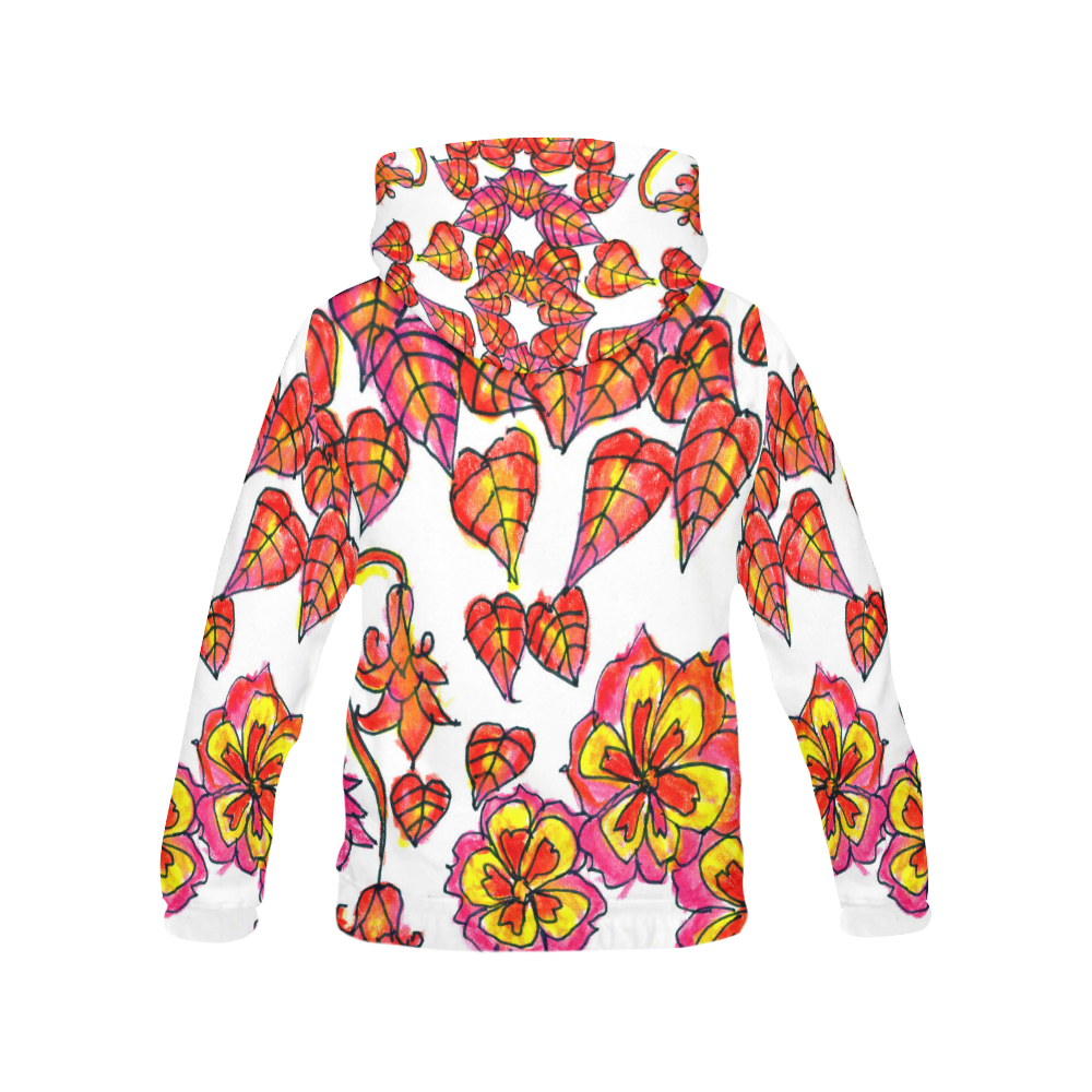 Autumn Leaves, Flowers, Red Orange Gold Zendoodle All Over Print Hoodie for Women (USA Size) (Model H13)