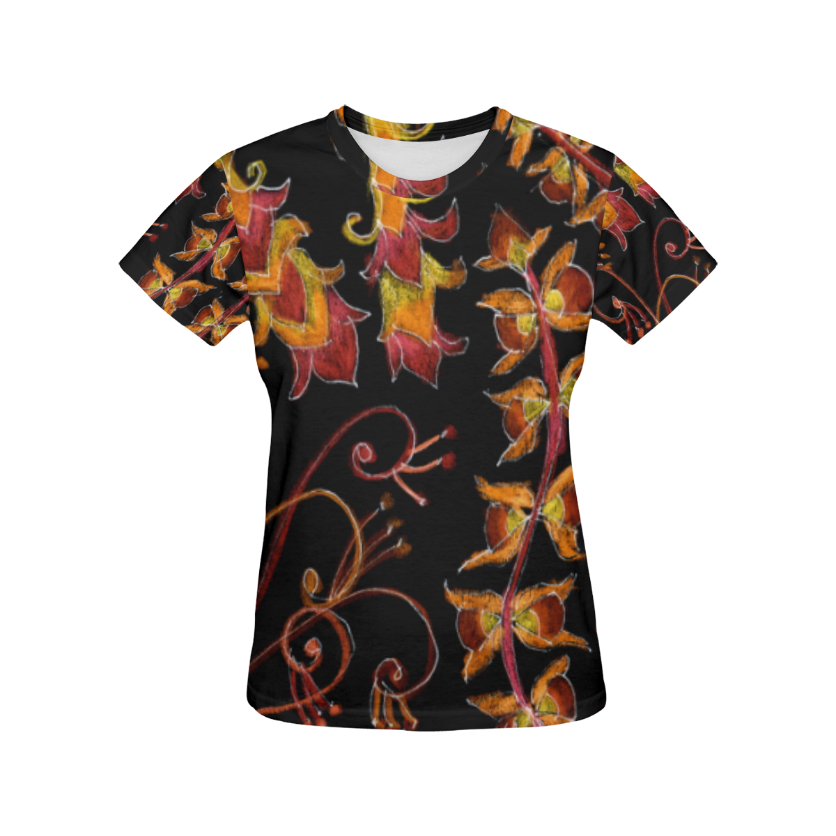 Psychadelic Orange Red Gold Glow Zendoodle Garden All Over Print T-Shirt for Women (USA Size) (Model T40)