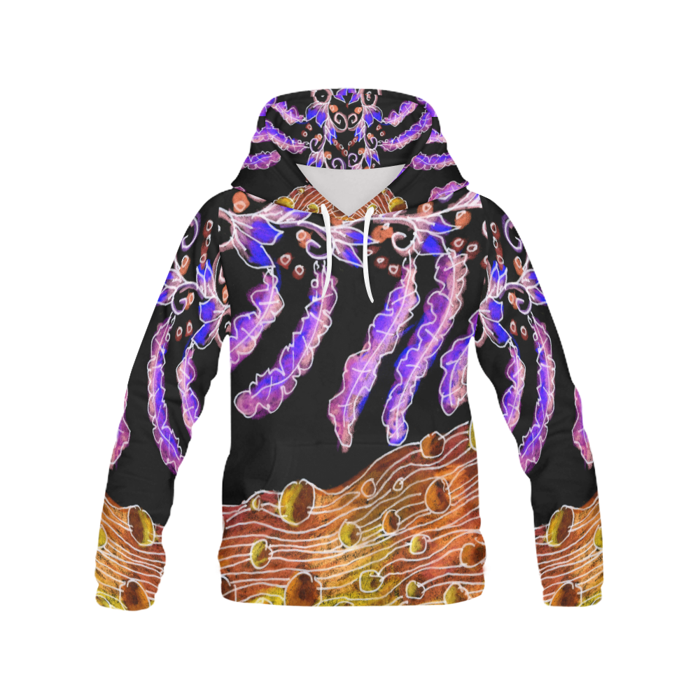 Psychedelic Purple Vines, Flowing Golden River All Over Print Hoodie for Women (USA Size) (Model H13)