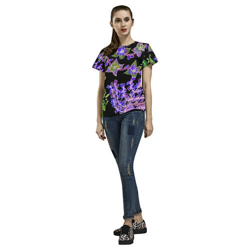 Psychedelic Purple Green Dancing Flowers Glow All Over Print T-Shirt for Women (USA Size) (Model T40)