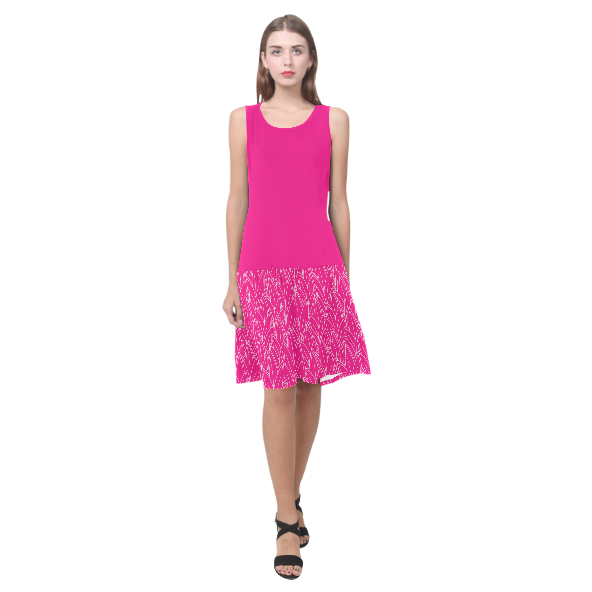 doodle leaf pattern hot pink & white Sleeveless Splicing Shift Dress(Model D17)