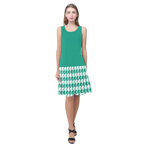 emerald green and white houndstooth classic pattern Sleeveless Splicing Shift Dress(Model D17)