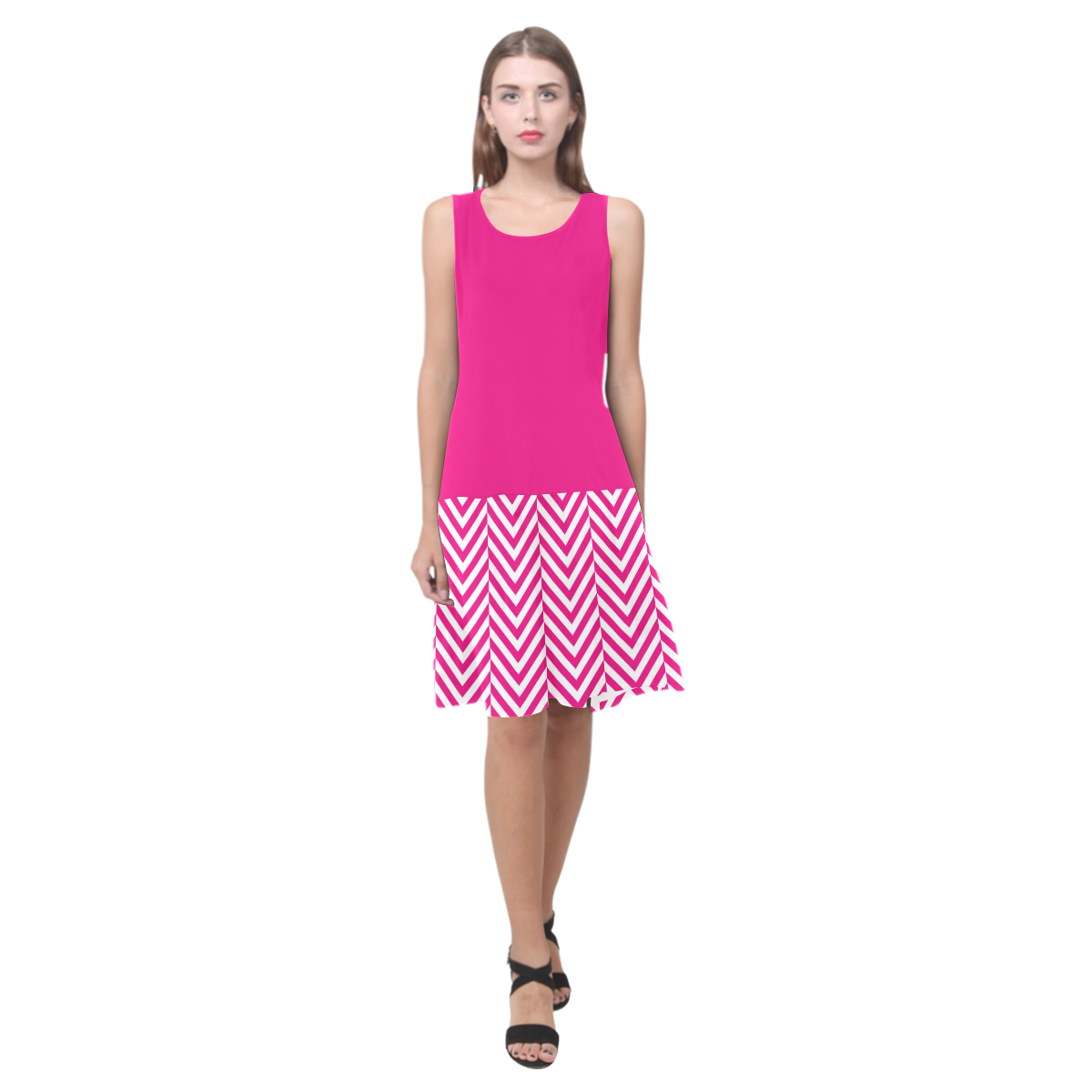 hot pink and white classic chevron pattern Sleeveless Splicing Shift Dress(Model D17)