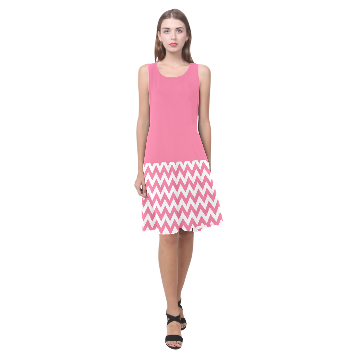 Pink zigzag chevron pattern Sleeveless Splicing Shift Dress(Model D17)