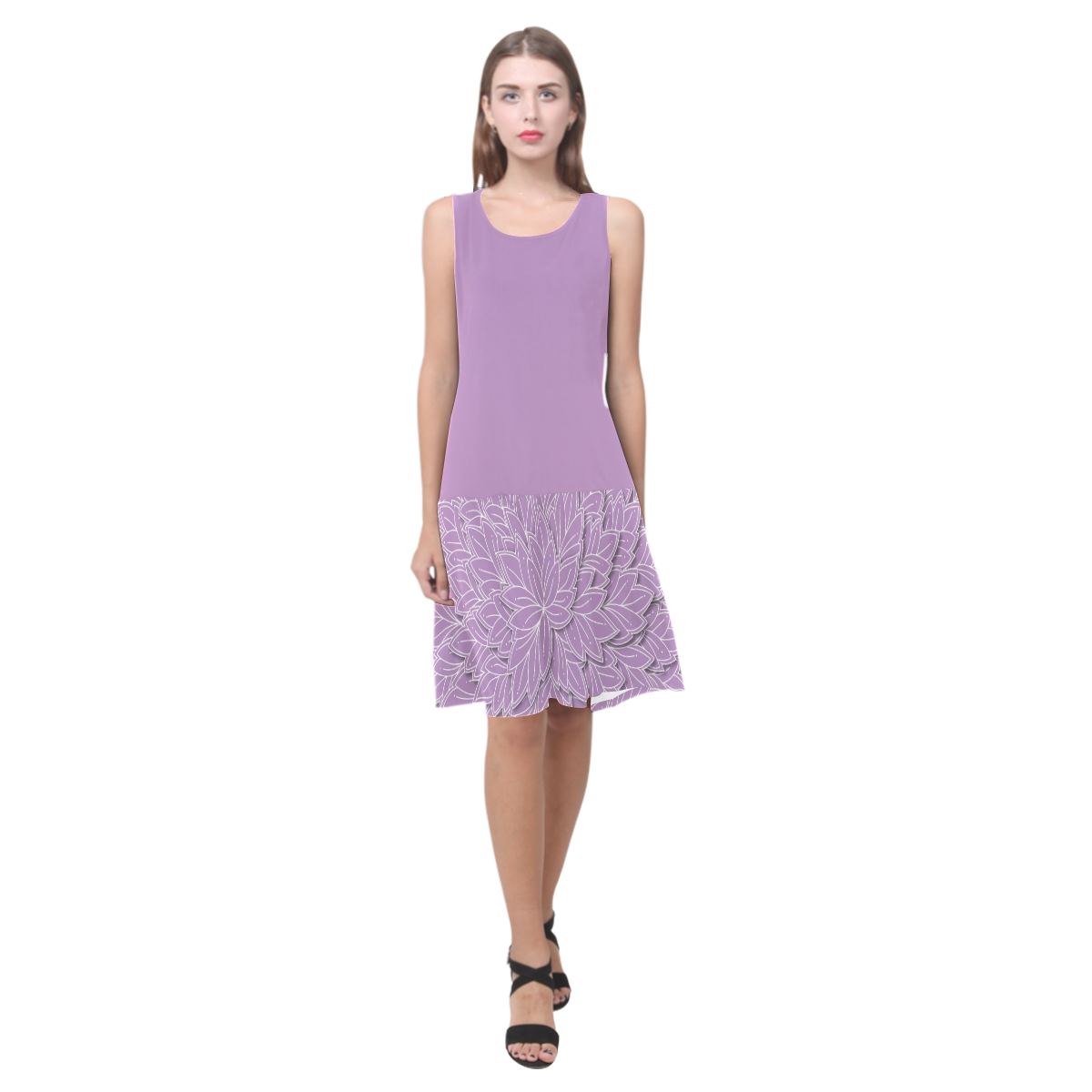 floating leaf pattern violet lilac white Sleeveless Splicing Shift Dress(Model D17)