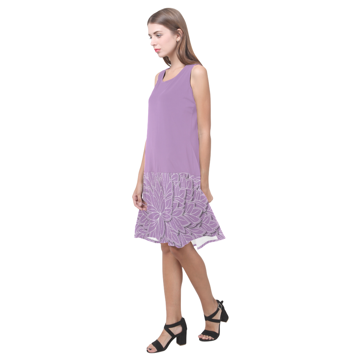 floating leaf pattern violet lilac white Sleeveless Splicing Shift Dress(Model D17)