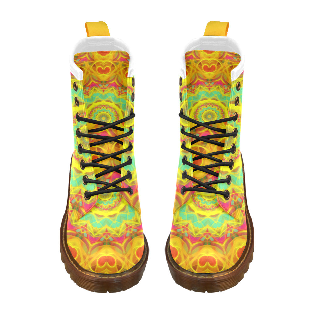 Yellow Orange Hippie hearts mandala High Grade PU Leather Martin Boots For Women Model 402H