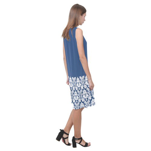 damask pattern navy blue and white Sleeveless Splicing Shift Dress(Model D17)
