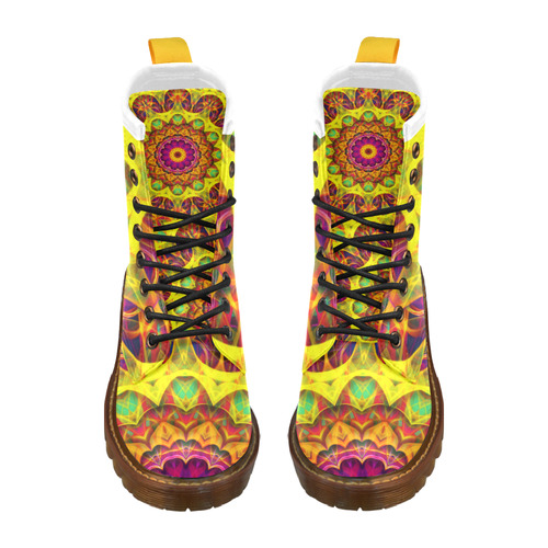 Bright yellow, pink, orange green hippie mandala High Grade PU Leather Martin Boots For Women Model 402H