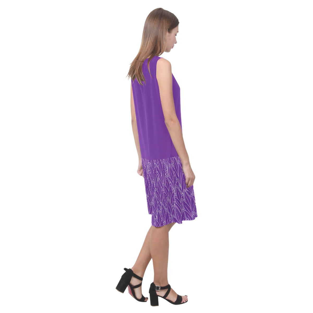 doodle leaf pattern royal purple white Sleeveless Splicing Shift Dress(Model D17)