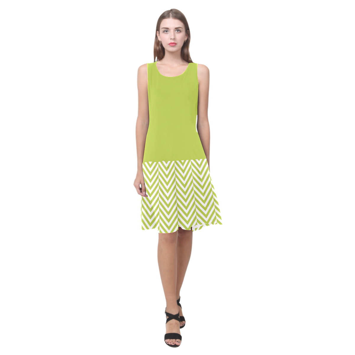 spring green and white classic chevron pattern Sleeveless Splicing Shift Dress(Model D17)