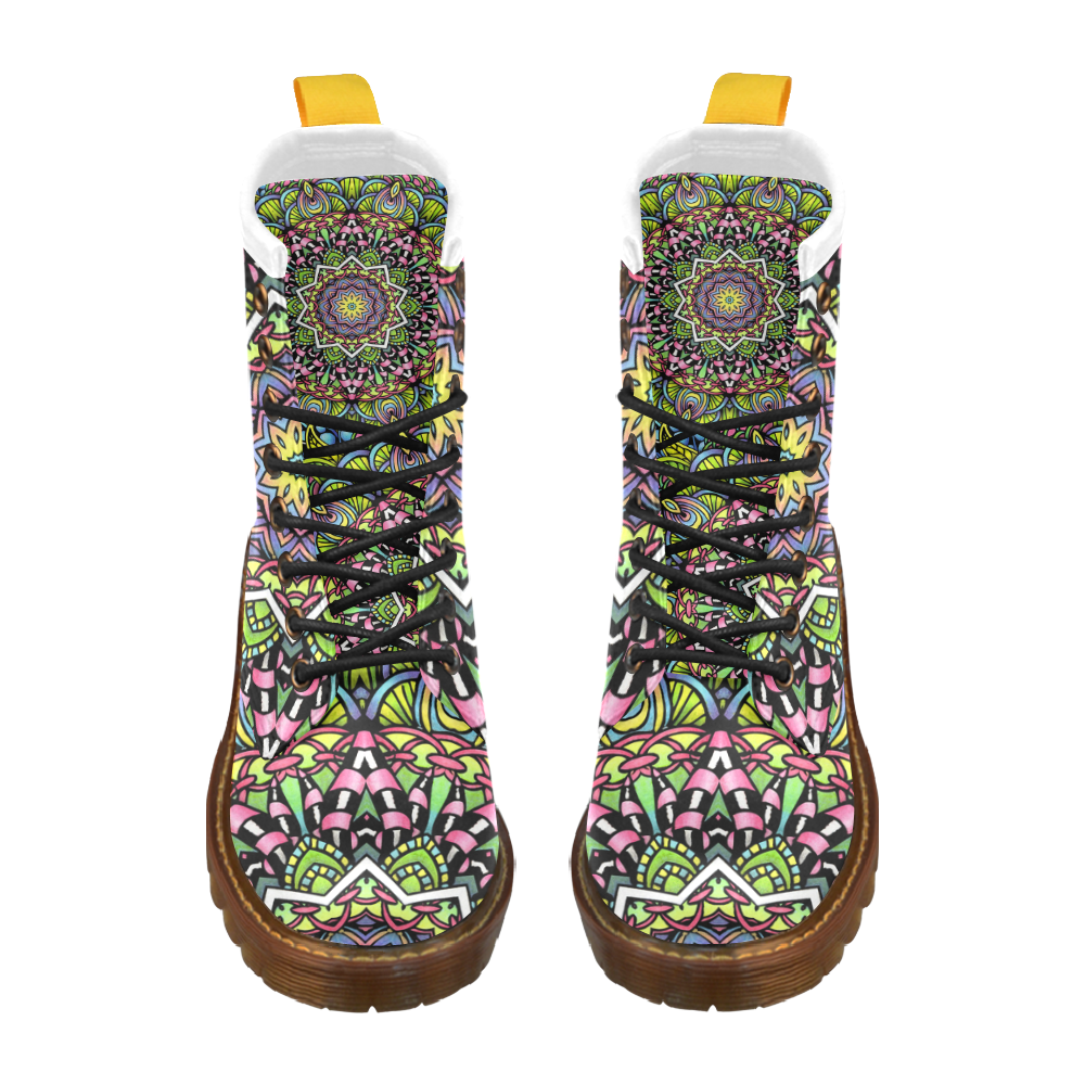 Psychedelic leaves bright colorful mandala High Grade PU Leather Martin Boots For Women Model 402H