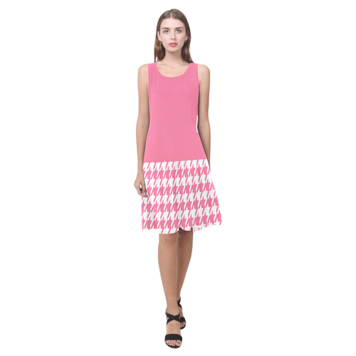 pink and white houndstooth classic pattern Sleeveless Splicing Shift Dress(Model D17)