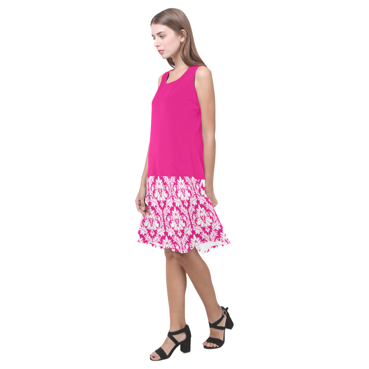 damask pattern hot pink and white Sleeveless Splicing Shift Dress(Model D17)