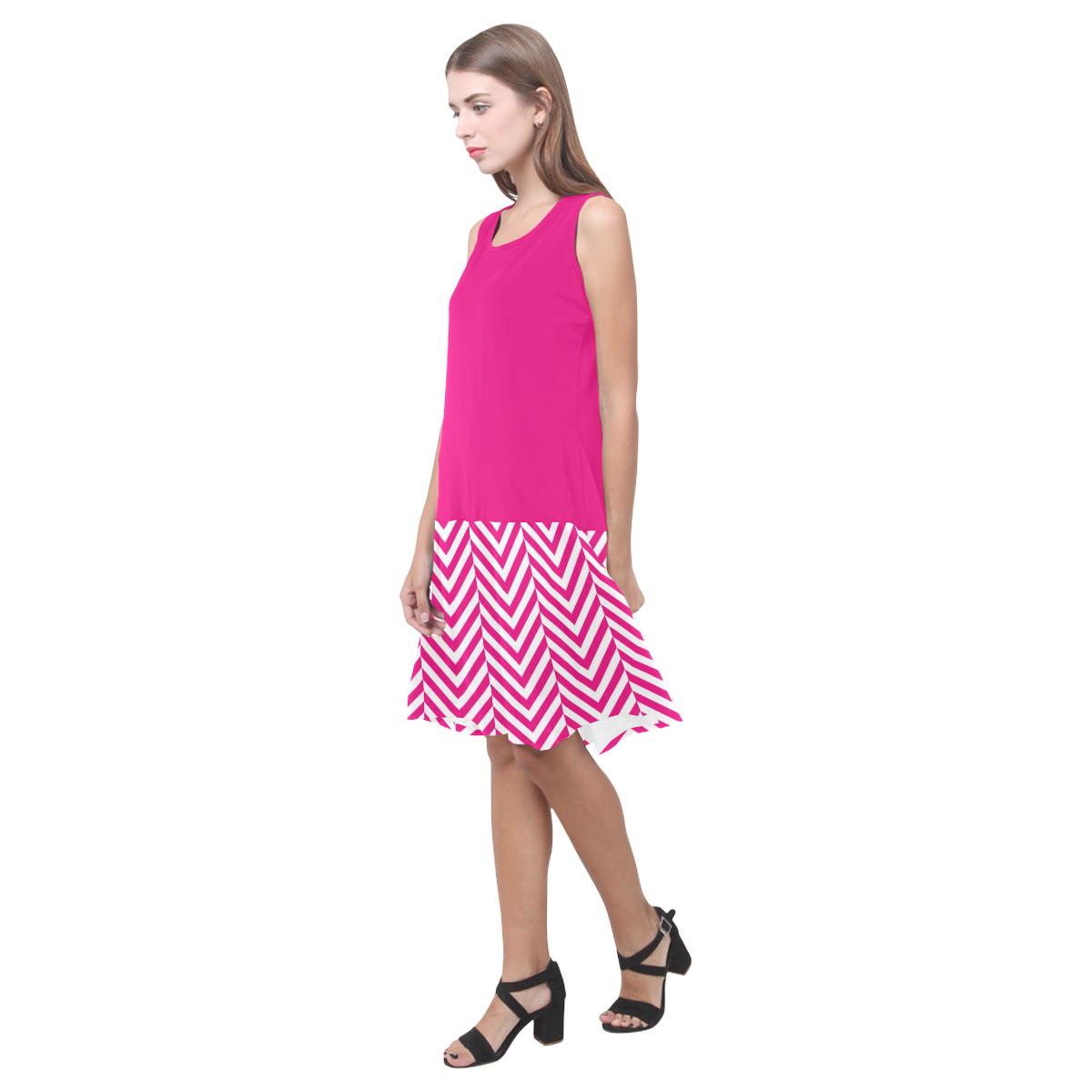 hot pink and white classic chevron pattern Sleeveless Splicing Shift Dress(Model D17)