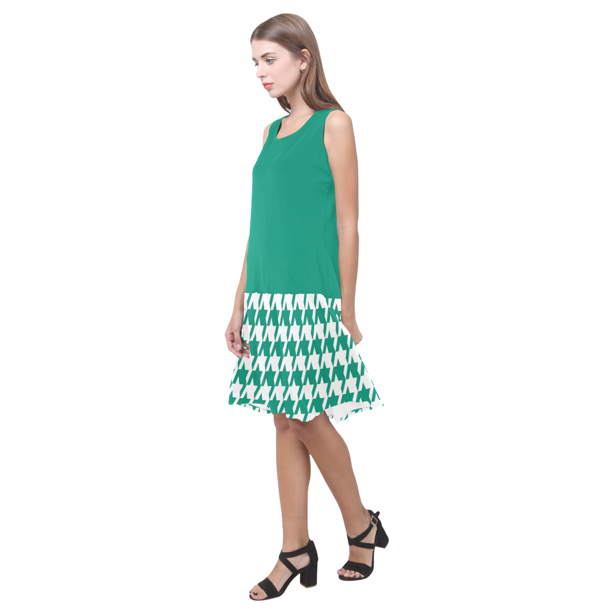 emerald green and white houndstooth classic pattern Sleeveless Splicing Shift Dress(Model D17)