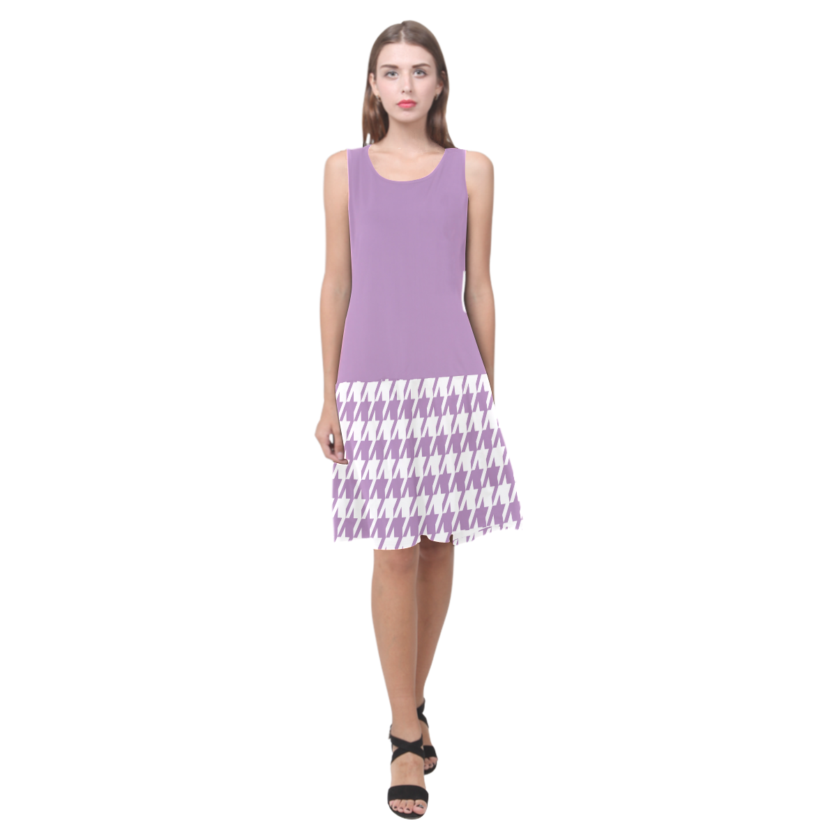 lilac and white houndstooth classic pattern Sleeveless Splicing Shift Dress(Model D17)