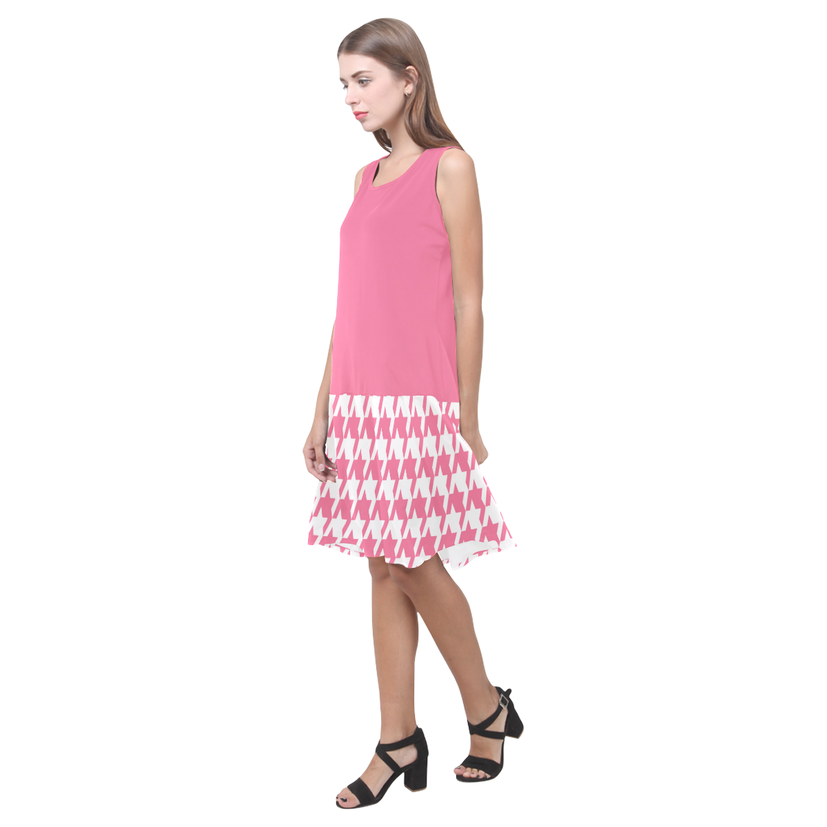 pink and white houndstooth classic pattern Sleeveless Splicing Shift Dress(Model D17)