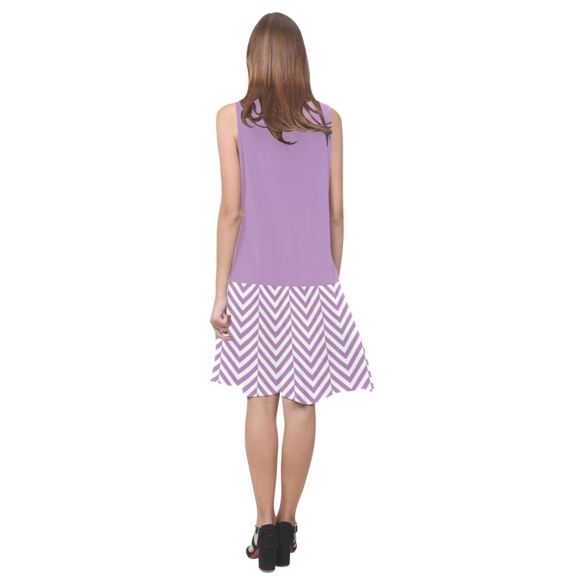 lilac purple and white classic chevron pattern Sleeveless Splicing Shift Dress(Model D17)