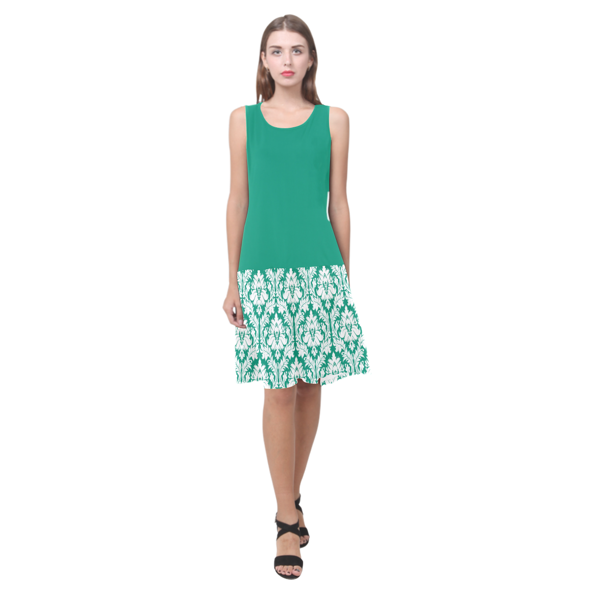 damask pattern emerald green and white Sleeveless Splicing Shift Dress(Model D17)