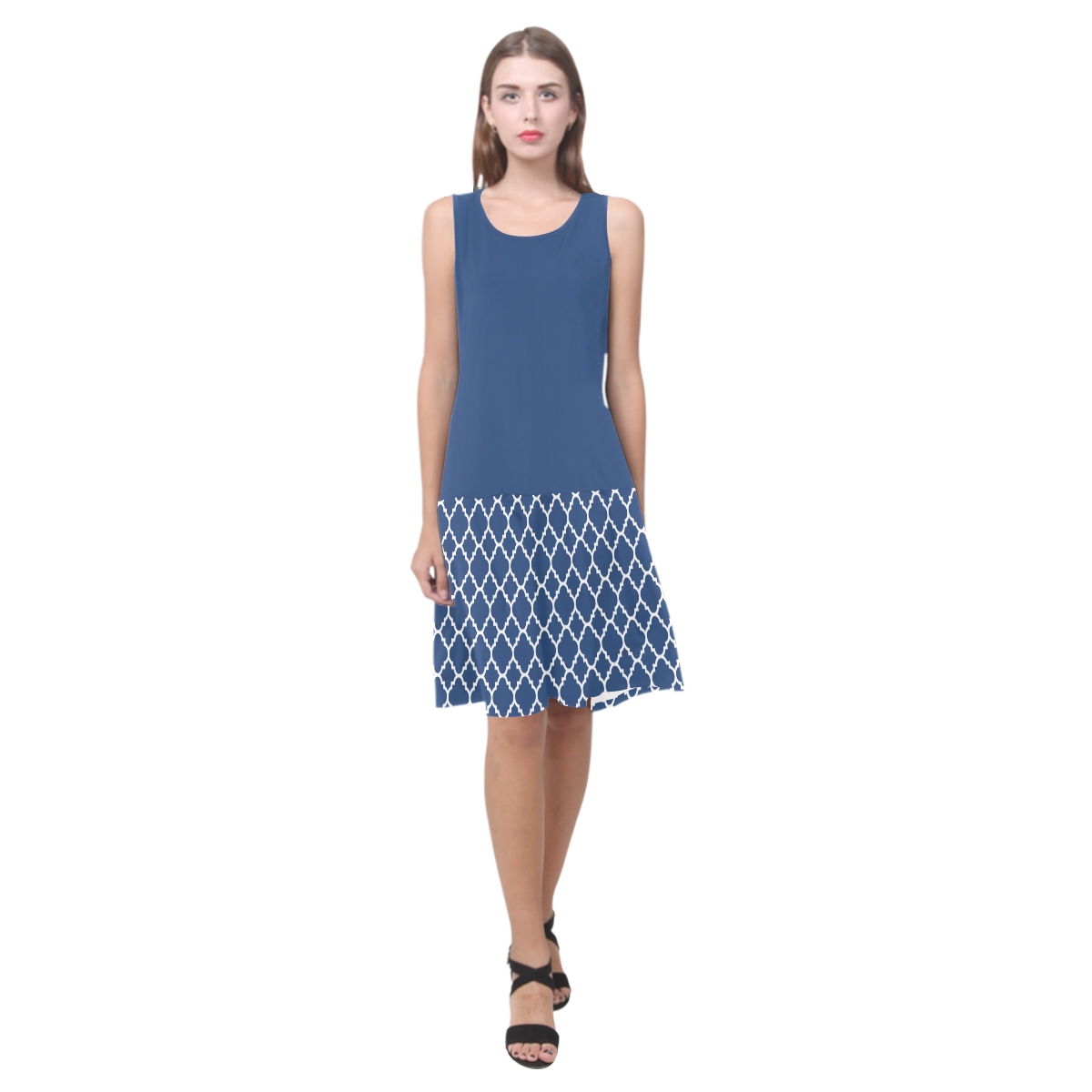 dark blue white quatrefoil classic pattern Sleeveless Splicing Shift Dress(Model D17)