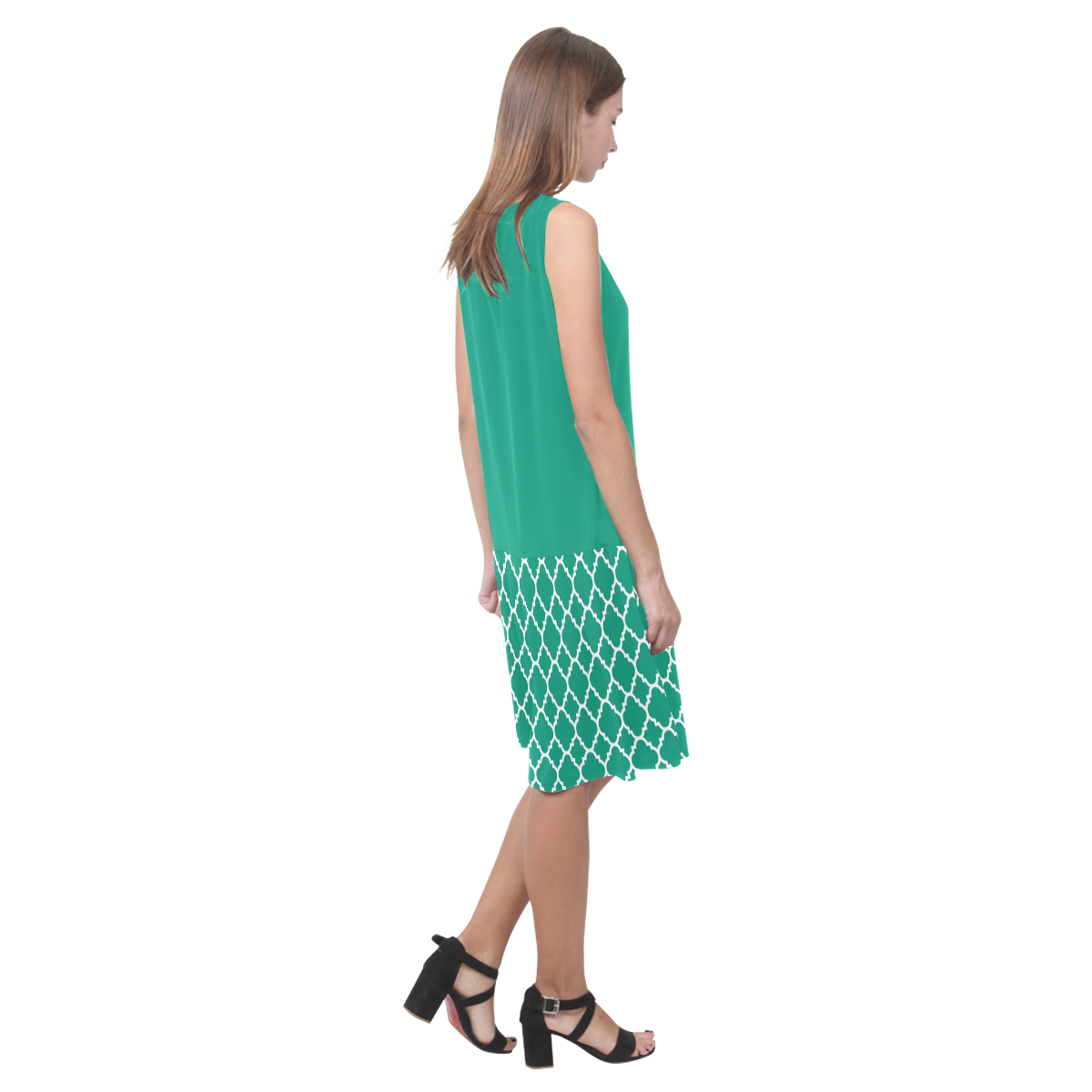 emerald green white quatrefoil classic pattern Sleeveless Splicing Shift Dress(Model D17)