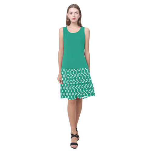 emerald green white quatrefoil classic pattern Sleeveless Splicing Shift Dress(Model D17)