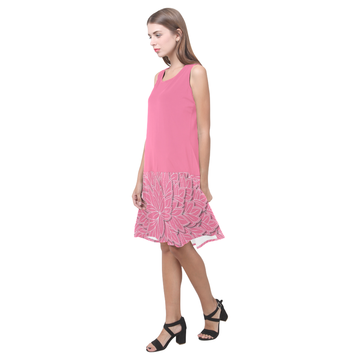 floating leaf pattern pink white Sleeveless Splicing Shift Dress(Model D17)